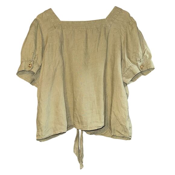 Talbots Linen Boxy Top Women XL Button Up Tie Front Puff Sleeves Coastal Granola - Picture 5 of 8